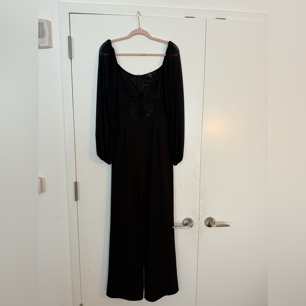 Lulu's Black Mesh Lace Long Sleeve Bustier Jumpsuit